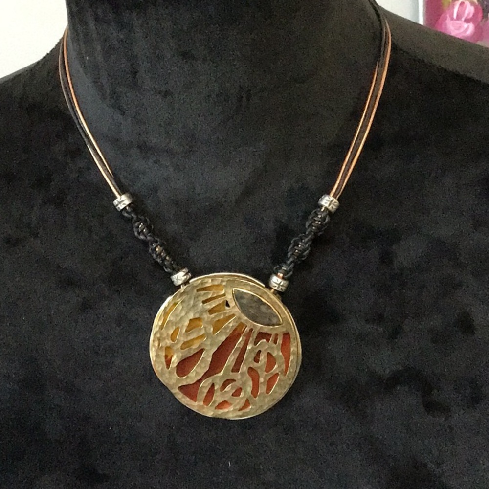 Gold-Toned Filigree Sun Pendant Necklace with Brown Cord